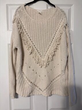Cream Fringe V‑Neck Knit Sweater - Women